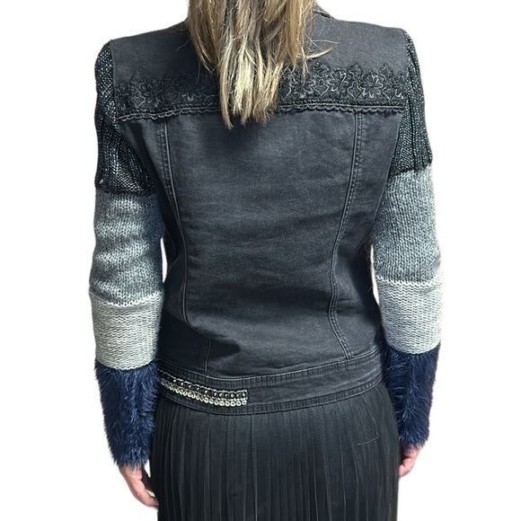 Desigual Exotic Denim Jacket Faux Fur Color Block Knit Sleeves Black Size 36/4 - Picture 4 of 16